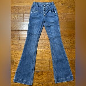 Gemma Rae Blue Jeans Flare Medium Wash Distressed Stretch Sz 1/25 Button front